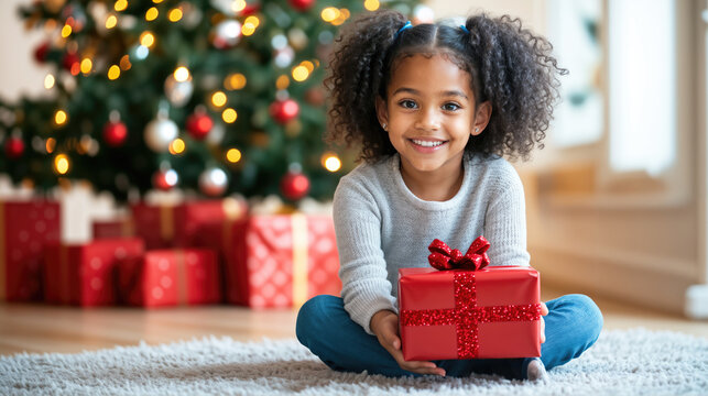 Excited girl opening christmas gift by tree, festive holiday scene, unwrapping christmas presents, happy black kid smiling hd