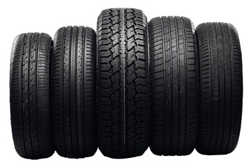 Five set car tire black color on white isolated background banner.