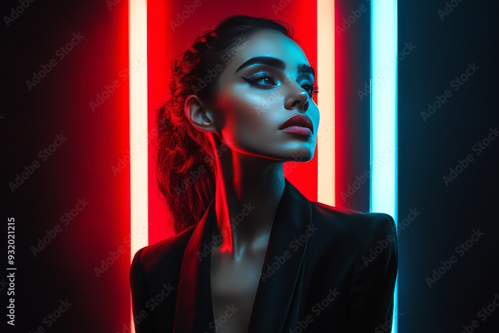 Poster futuristic and dynamic image of a person standing in front of a wall of multicolored led lights symb
