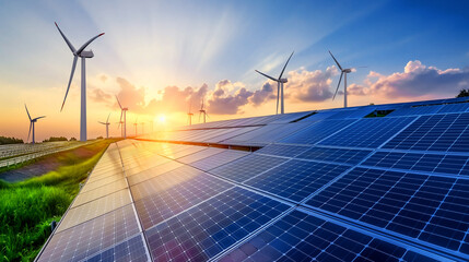 Solar power plant at sunset from panels