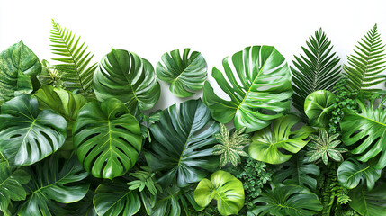 Fresh tropical leaves arranged as a frame with a neutral backdrop