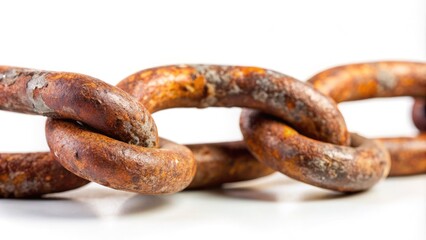 Fototapeta premium Close-up of a single, rusty, old chain link, isolated on a white background, with a shallow depth of field, emphasizing texture and decay.