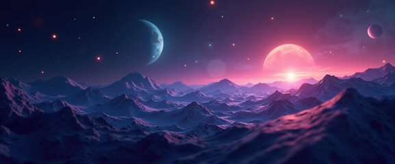 Fototapeta premium Alien Landscape with Pink Sunrise in Mountains. Surreal Sci-fi Concept art of a fictional planet. 