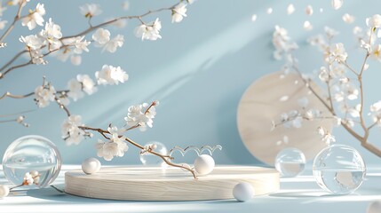 Minimalist Spring Scene with White Flowers and Wooden Platform