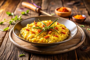 Warm golden lighting creamy risotto saffron accents soft focus rustic wooden background comforting morning scene