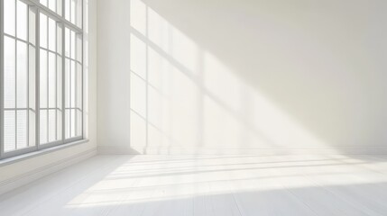 a white room with a large window and a door. There are shadows from the light coming through the window.