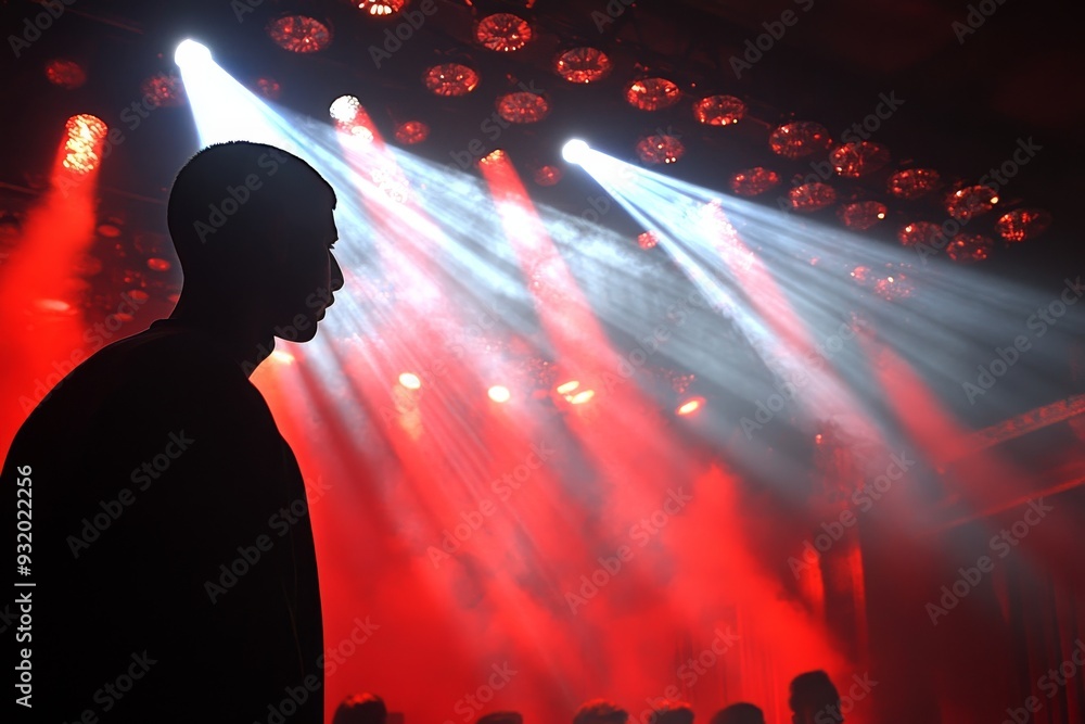 Poster mysterious and introspective silhouette of a man with red and white lights capturing the depth conte