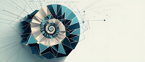 A vector illustration featuring a nautilus shell design, with each segment formed by geometric shapes such as hexagons, circles, and triangles in flat colors like teal, navy blue, and silver