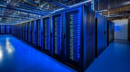 Rows of servers inside a high-tech data center, each server rack glowing with blinking lights, indicating constant processing of data, with a deep blue ambient light surrounding the environment