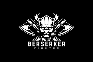 Viking logo design. Nordic warrior symbol. Creative Horned fighter emblem. Barbarian man head icon with horn helmet and beard crossed hammer. Brand identity vector illustration.