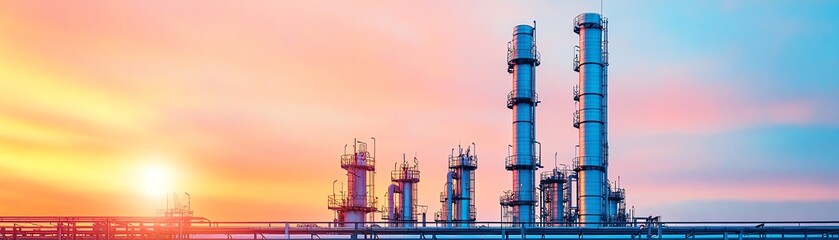 Fototapeta premium Industrial complex with tall chimneys against a sunset sky.