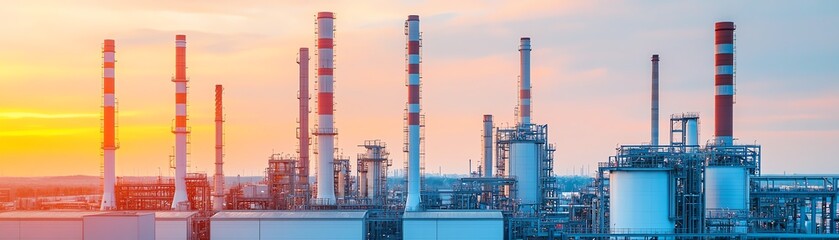 Fototapeta premium Industrial complex with tall chimneys against a sunset sky.