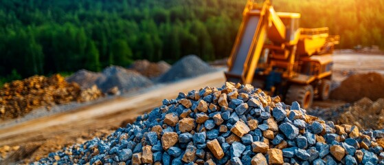 Top-down view of a stone grinder in a sprawling quarry, with a close-up focus on the machinery crushing stone into gravel