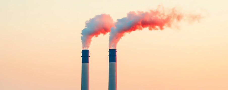 Two smoke stacks with smoke plumes against a sunset sky.