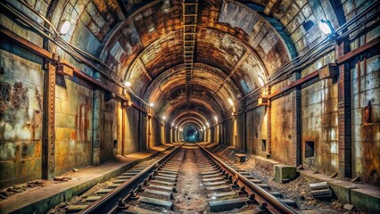 Decrepit underground tunnel with rusty rail tracks, showing signs of decay and neglect, abandoned, derelict, eerie, urban exploration