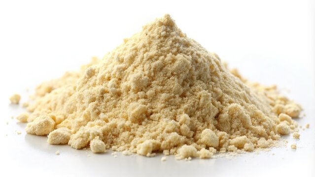 Close-up of guar gum powder, a thickening and stabilizing agent, in a small pile on a white background with a soft focus effect.