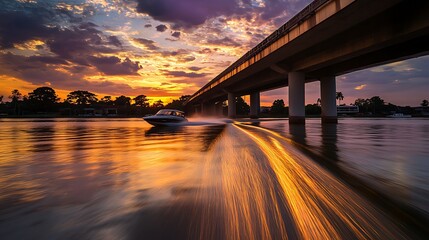 Thrilling Speedboat Race at Sunset with Golden and Purple Light Trails Reflection.