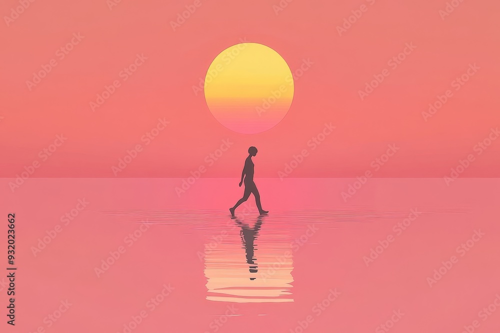 Poster minimalist and peaceful image of a person walking on a reflective surface with a vibrant sunset in t