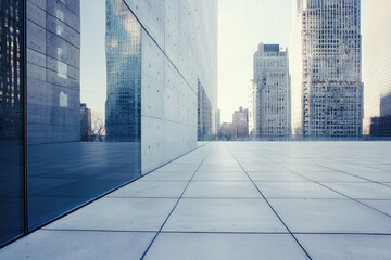 Fototapeta premium A stunning minimalist view showcasing modern architecture with sleek surfaces and reflective elements in an urban setting.