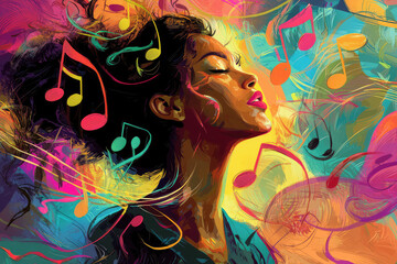 A melodic journey unfolds as a singer basks in the beauty of music, surrounded by a vibrant swirl of colorful notes and emotion.