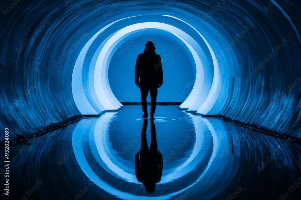 Poster majestic and surreal image of a person walking through a glowing blue tunnel symbolizing the journey