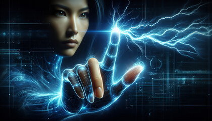 Digital energy flows from fingertips against a blue background, representing control over powerful technology.
