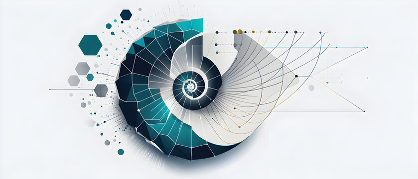 
A vector illustration featuring a nautilus shell design, with each segment formed by geometric shapes such as hexagons, circles, and triangles in flat colors like teal, navy blue, and silver