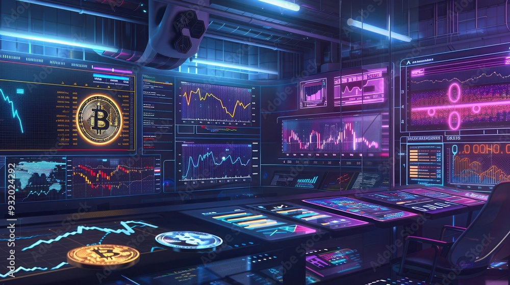 Poster a digital cryptocurrency exchange interface showcases various coins and their market values, with vi