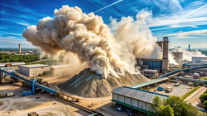 Cloud of fine silica dust particles suspended in the air near an industrial work site, posing a potential health hazard to workers in the surrounding area.