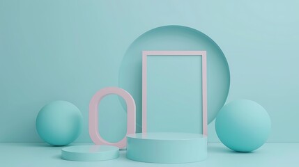 Abstract 3D Rendering with Pink and Blue Geometric Shapes