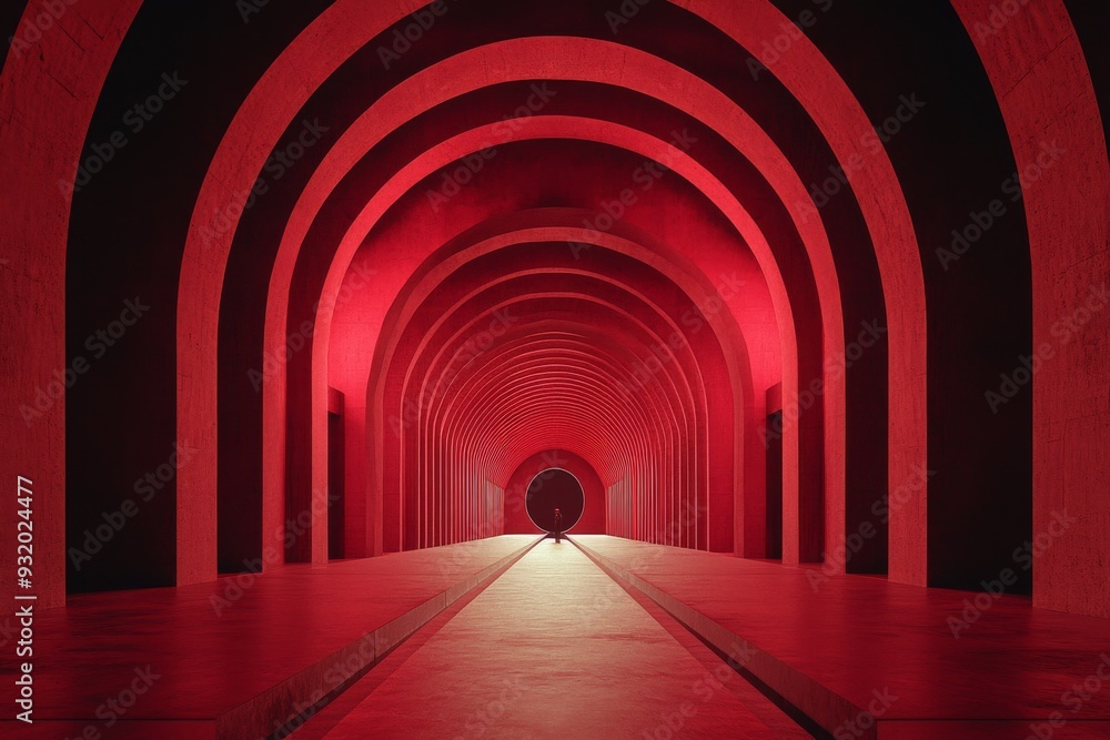Poster mysterious and dramatic image of a person walking through a red lit tunnel symbolizing transition ex