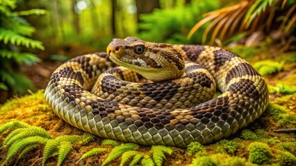 Obraz premium Coiled timber rattlesnake camouflaged on a moss-covered forest floor, its scaly body blending with surroundings, warning rattle visible, ready to strike in a flash.