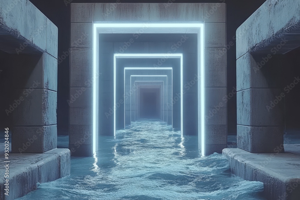 Poster futuristic and introspective image of a person standing at the entrance of a glowing blue lit corrid