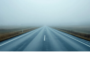 A mysterious journey unfolds on a rainy, empty highway veiled in dense fog, inviting contemplation and adventure beyond the horizon.