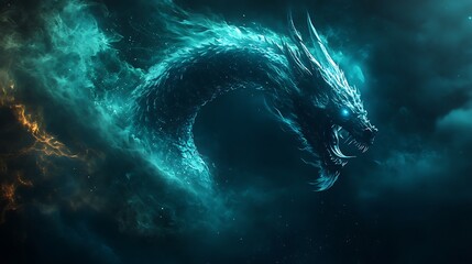 Spectral Dragon in Teal and Black Tones Roaring with Ghostly Fire - Cinematic Fantasy Art High-Resolution Photography with Shimmering Textures