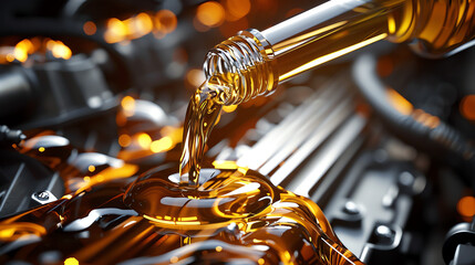 A bottle of oil being poured into a car engine.
