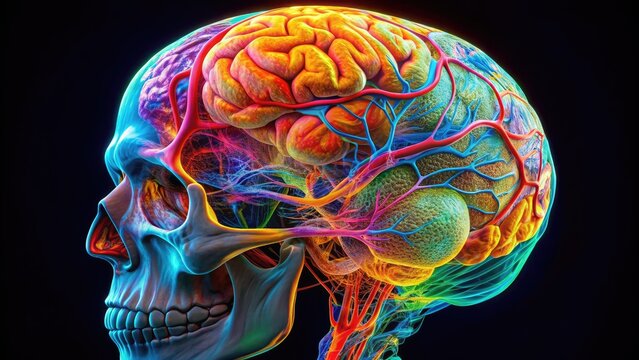 Colorful 3D brain scan image generated by computed tomography (CT) machine, showing intricate details of cerebral cortex and skull structure in high resolution.