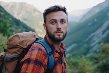 Naklejka premium Exploring the Great Outdoors: A Young Traveler Embraces Nature's Majesty in a Scenic Mountain Setting