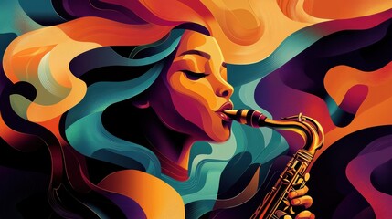 Expressive Jazz Poster: Woman Playing Clarinet with Flowing Shapes and Warm Colors