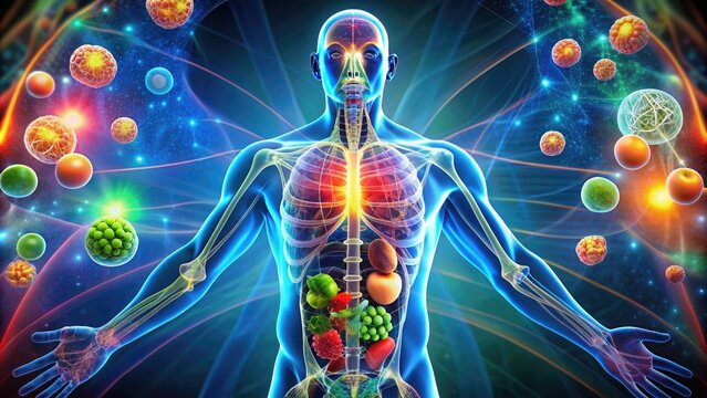 Colorful 3D illustration of the human body's metabolic system, showcasing organs and processes involved in energy production and nutrient conversion.