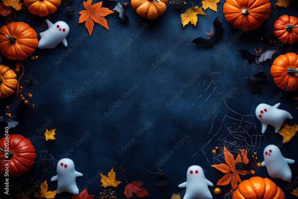 Wall mural Halloween frame with party decorations of pumpkins, bats, ghosts, and spiders on a blue background from above