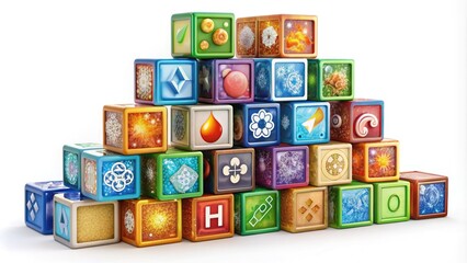Colorful alphabet blocks and elemental symbols like hydrogen and oxygen combine in a whimsical, creative design element perfect for educational and scientific applications.
