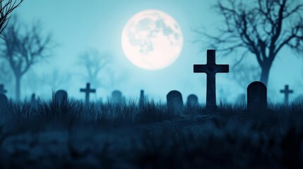 Gothic moonlit graveyard, spectral mist, 3D illustration