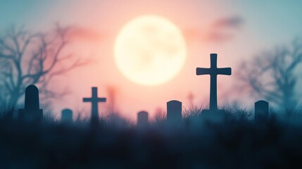 Gothic moonlit graveyard, spectral mist, 3D illustration