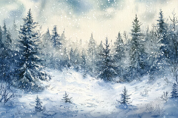 Obraz premium A Serene Snow-Covered Forest Scene, Capturing the Beauty of Nature in a Tranquil Winter Landscape Under Falling Snowflakes.