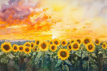 Fototapeta premium A breathtaking sunset illuminates a vibrant field of sunflowers, creating a picturesque scene of nature's beauty at twilight.