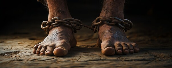 A man stands barefoot with shackles on his ankles, showcasing hardship