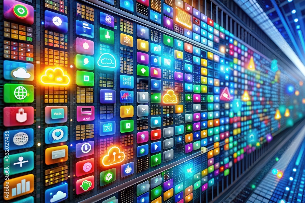Poster colorful assortment of icons representing online platforms arranged on a mosaic background amidst ro