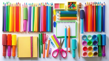 Obraz premium Colorful assortment of isolated school supplies, including pens, pencils, markers, glue, scissors, and notebooks, arranged neatly against a clean white background.