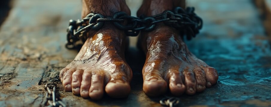 A man stands barefoot with shackles on his feet, showing signs of wear - Powered by Adobe